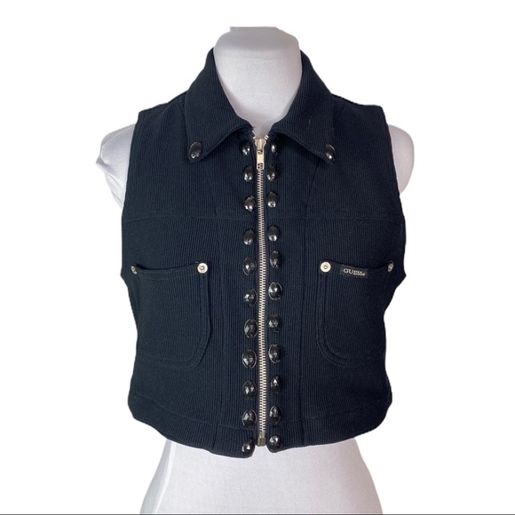 Guess Tops - Guess Black Embellished Crop Vest Top